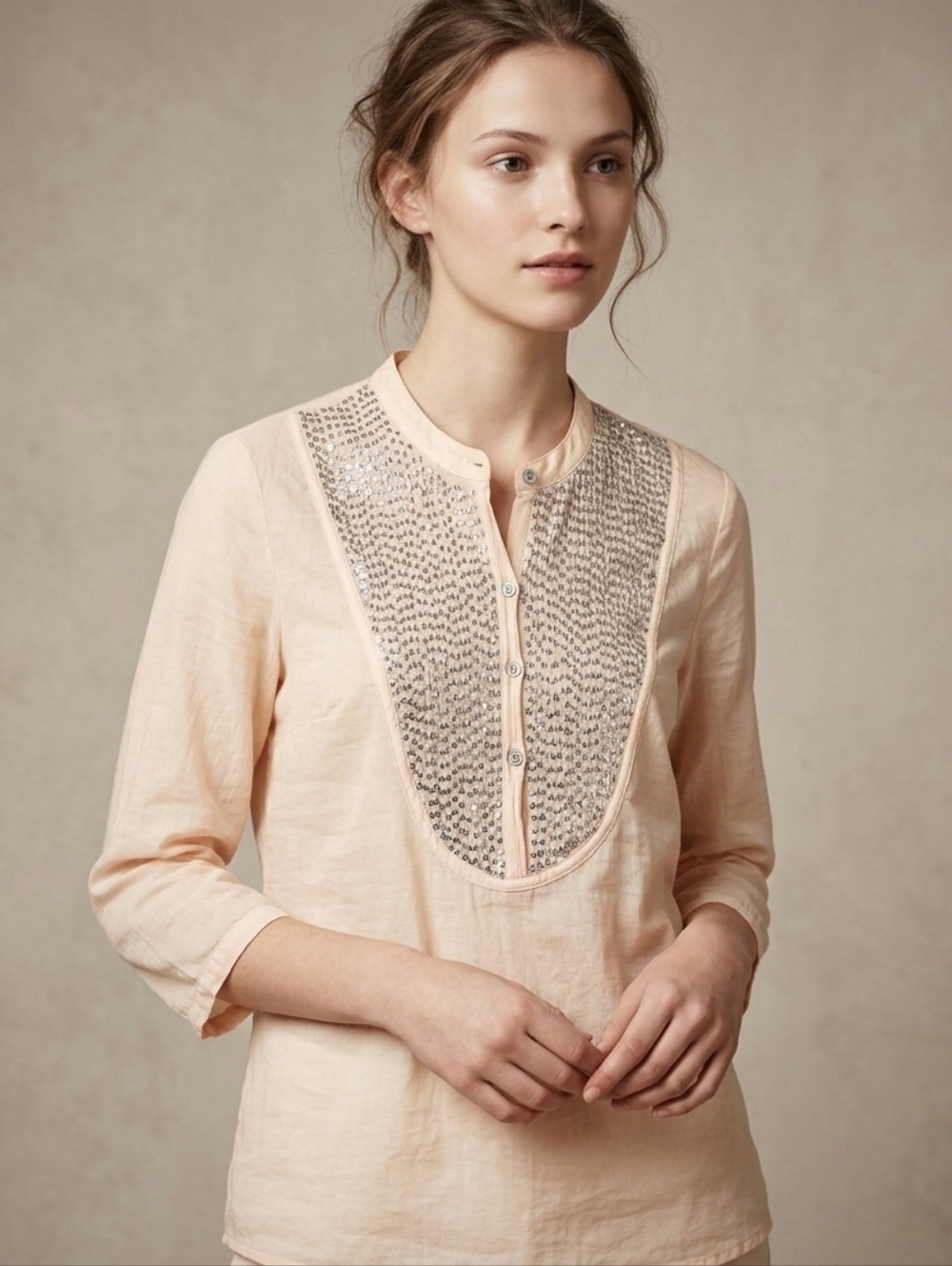 Selected Femme Delicate Cotton Silk Sequin 3/4 Sleeve Blouse